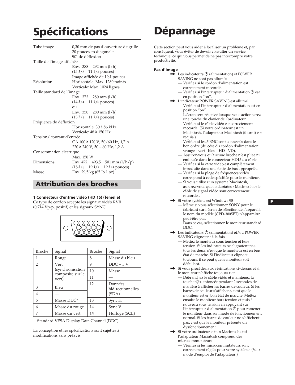 Spécifications, Dépannage, Attribution des broches | Sony CPD-300SFT User Manual | Page 21 / 33