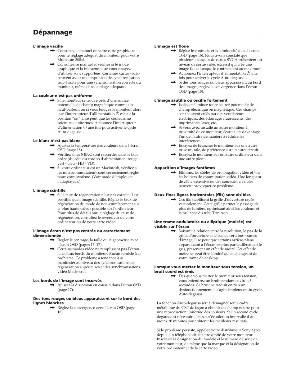 Dépannage | Sony CPD-300SFT User Manual | Page 22 / 33