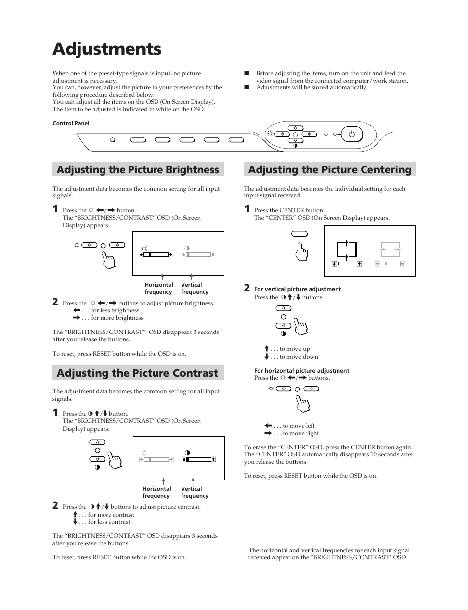 Adjustments, Adjusting the picture centering, Adjusting the picture contrast | Adjusting the picture brightness | Sony CPD-300SFT User Manual | Page 6 / 33