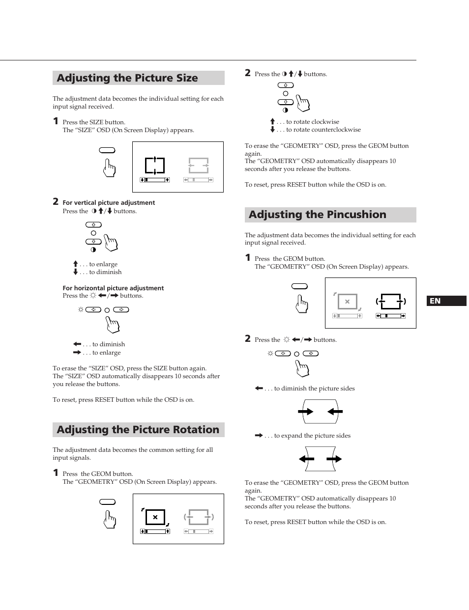 Adjusting the pincushion, Adjusting the picture size, Adjusting the picture rotation | Sony CPD-300SFT User Manual | Page 7 / 33