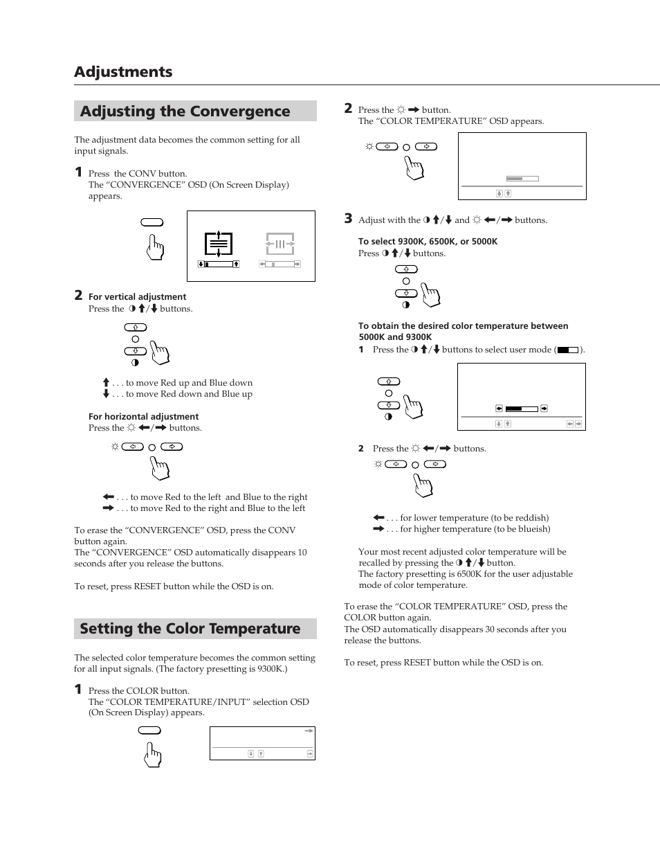 Adjusting the convergence, Setting the color temperature, Adjustments | Sony CPD-300SFT User Manual | Page 8 / 33