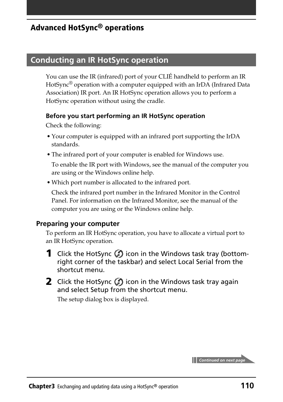 Conducting an ir hotsync operation, 110 advanced hotsync, Operations conducting an ir hotsync operation | Sony PEG-T415G User Manual | Page 110 / 220