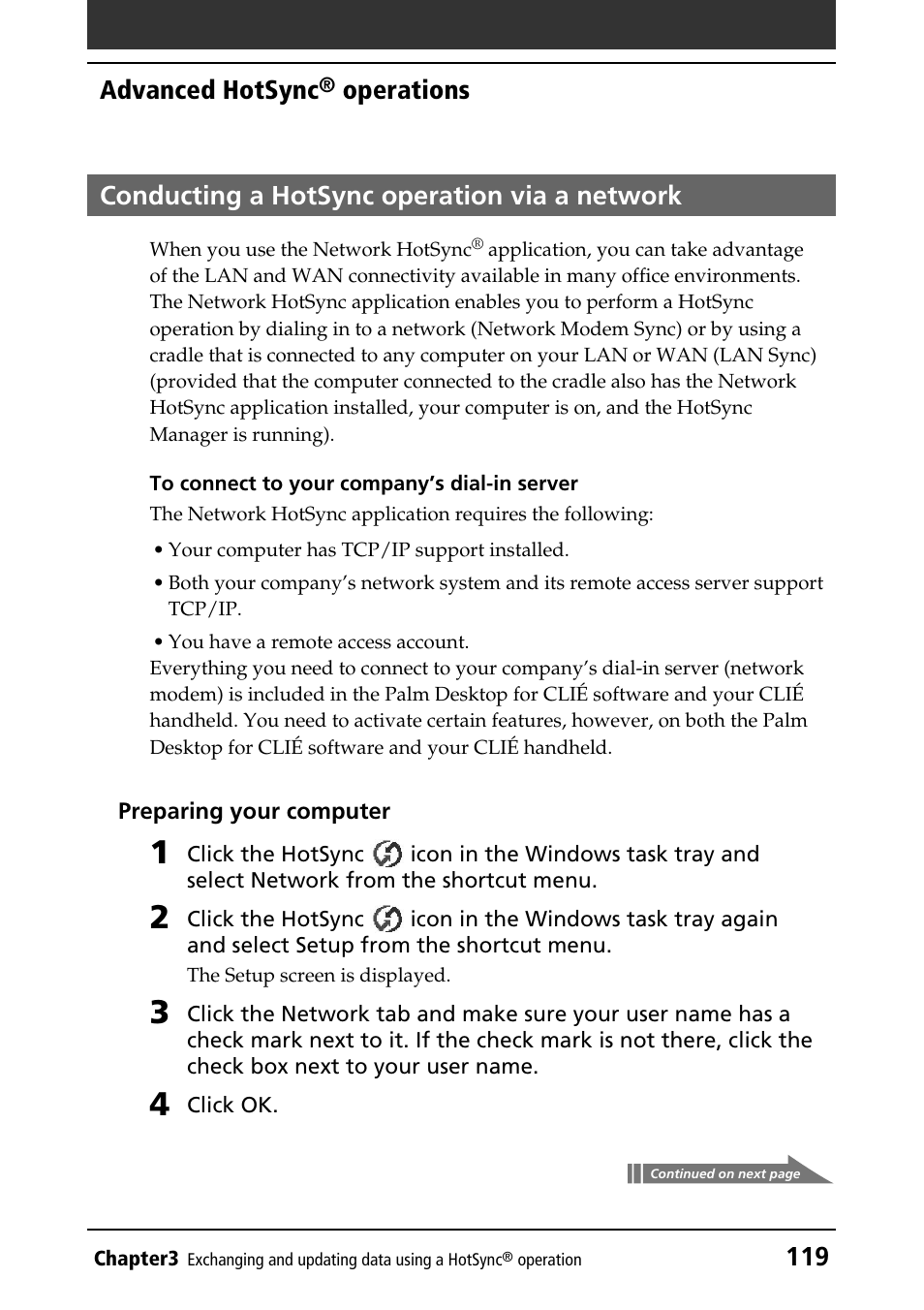 Conducting a hotsync operation via a network, 119 advanced hotsync | Sony PEG-T415G User Manual | Page 119 / 220