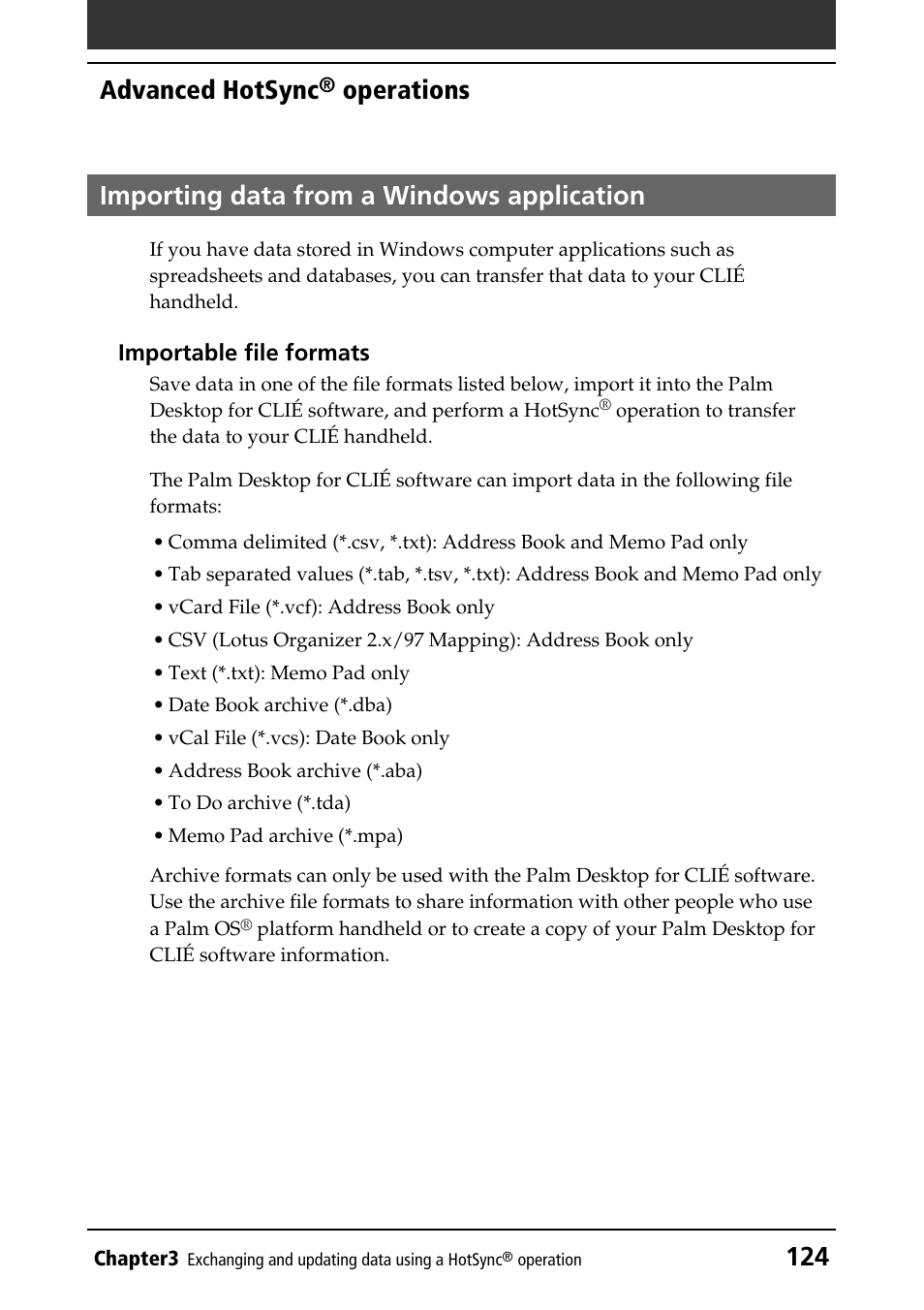 Importing data from a windows application, 124 advanced hotsync | Sony PEG-T415G User Manual | Page 124 / 220