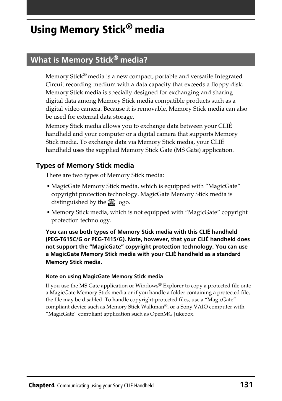 Using memory stick® media, What is memory stick® media, Using memory stick | Media, What is memory stick | Sony PEG-T415G User Manual | Page 131 / 220