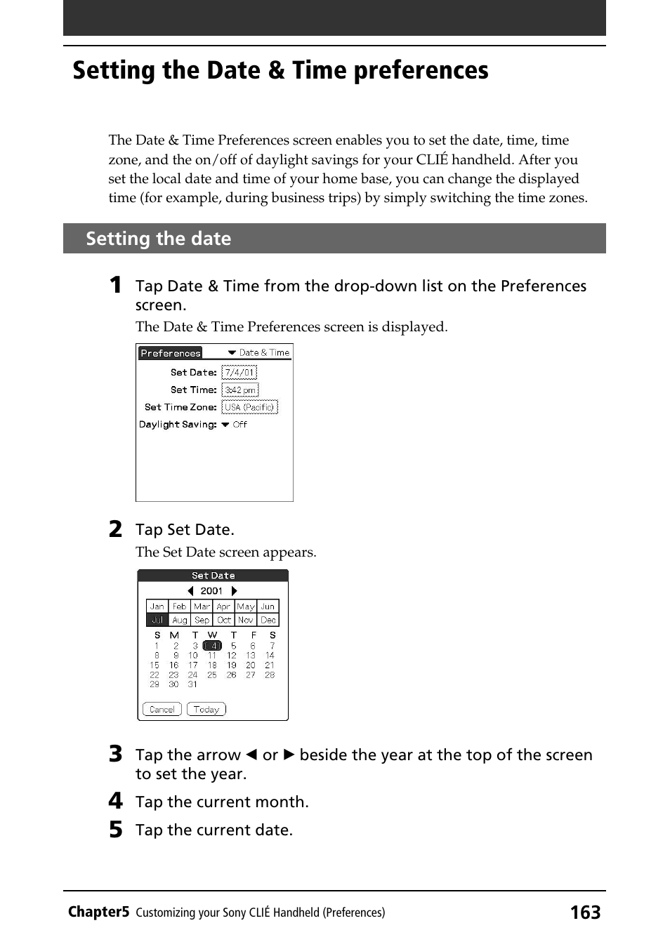 Setting the date & time preferences, Setting the date, Setting the date & time preferences 163 | Sony PEG-T415G User Manual | Page 163 / 220