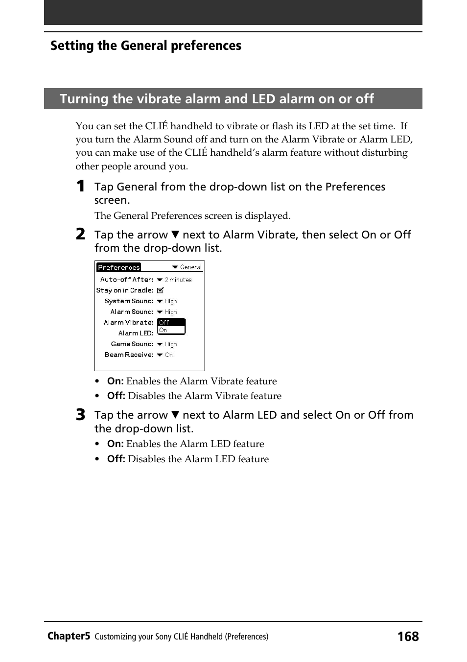 Turning the vibrate alarm and led alarm on or off | Sony PEG-T415G User Manual | Page 168 / 220
