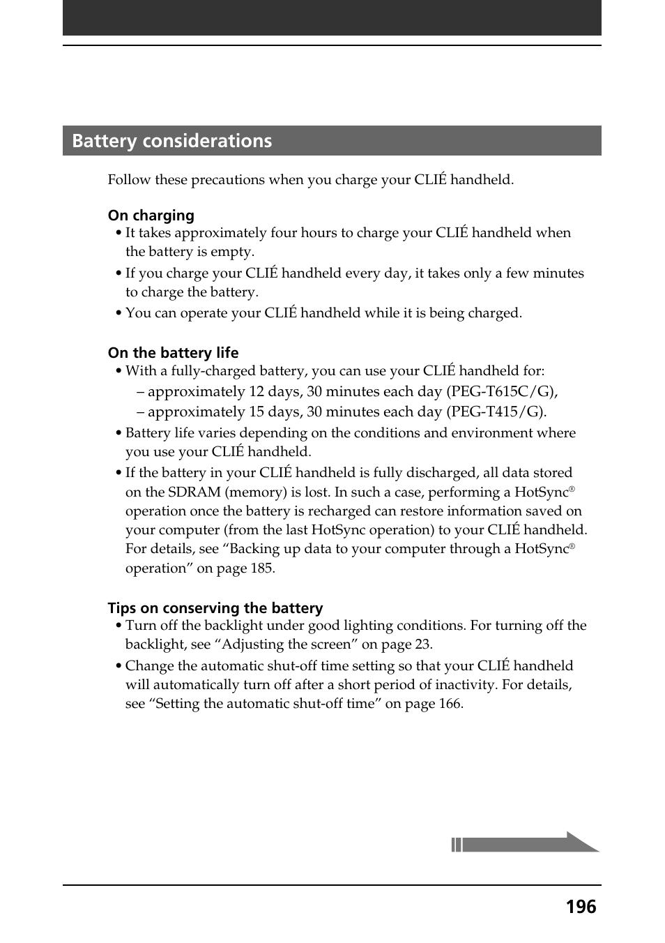 Battery considerations, Precautions | Sony PEG-T415G User Manual | Page 196 / 220