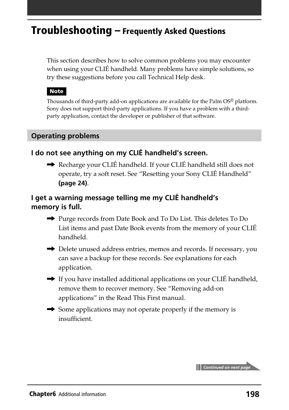 Troubleshooting – frequently asked questions, Troubleshooting, Frequently asked questions | Sony PEG-T415G User Manual | Page 198 / 220