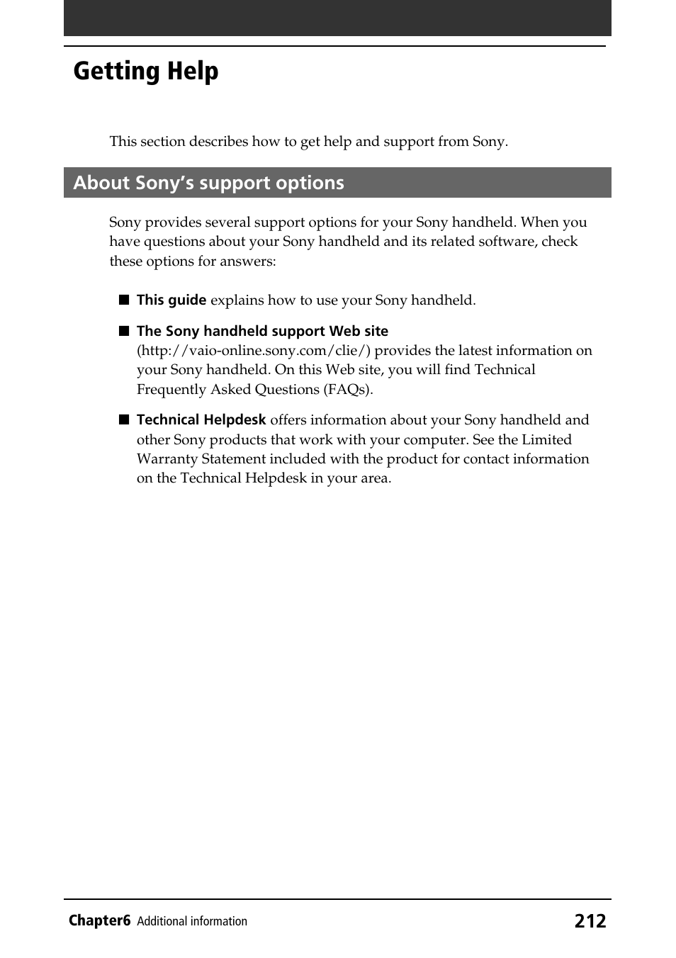 Getting help, About sony's support options, About sony’s support options | Sony PEG-T415G User Manual | Page 212 / 220