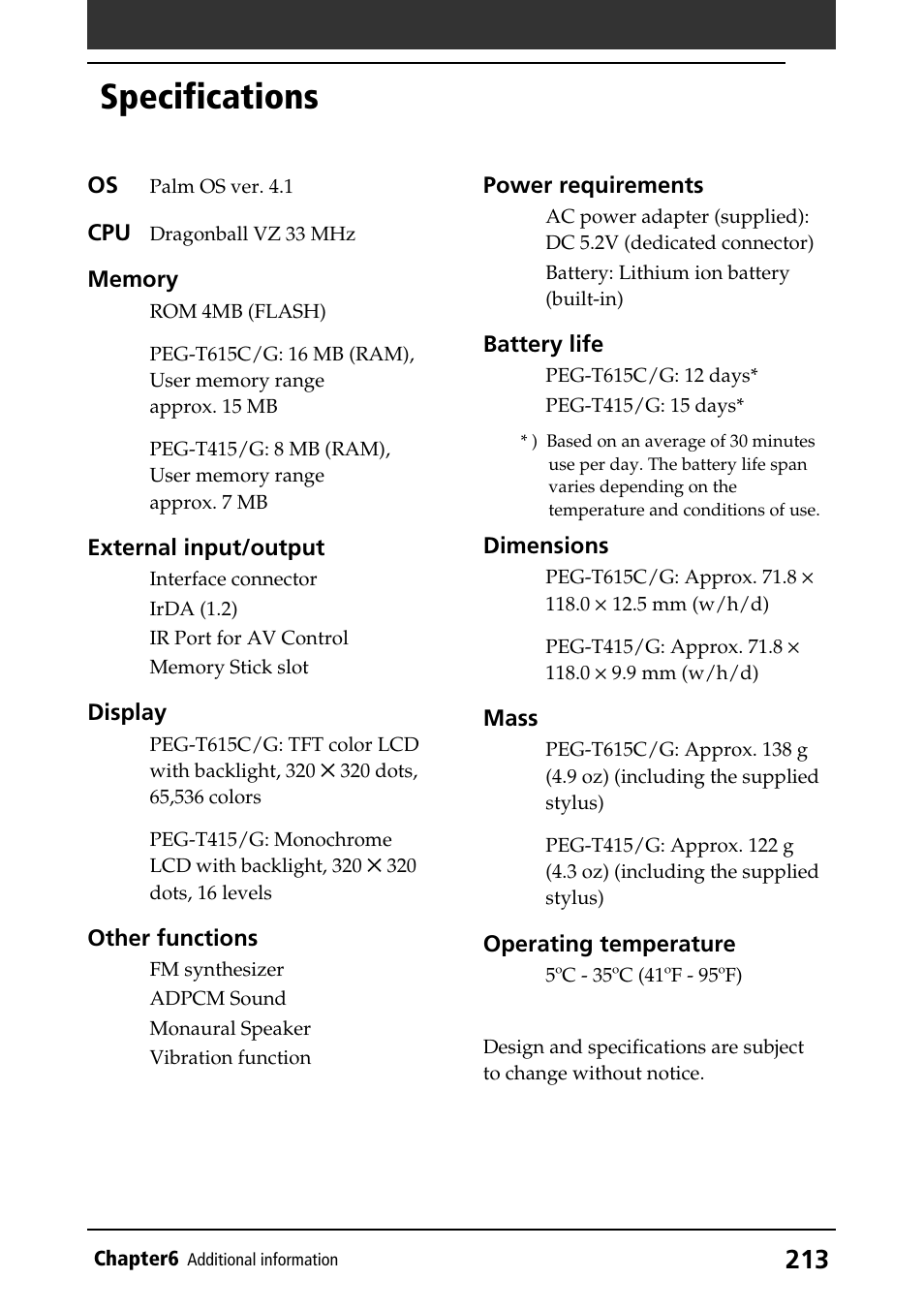 Specifications | Sony PEG-T415G User Manual | Page 213 / 220
