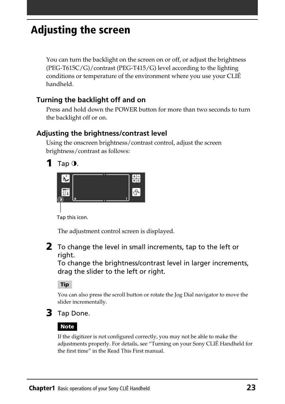 Adjusting the screen | Sony PEG-T415G User Manual | Page 23 / 220