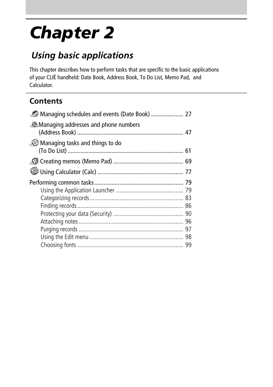 Chapter 2: using basic applications, Chapter 2, Using basic applications | Sony PEG-T415G User Manual | Page 26 / 220