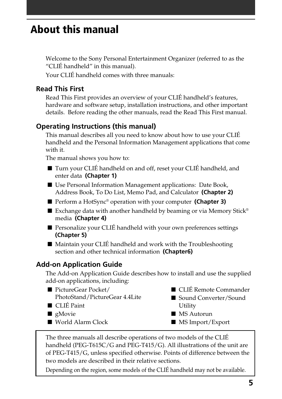 About this manual | Sony PEG-T415G User Manual | Page 5 / 220