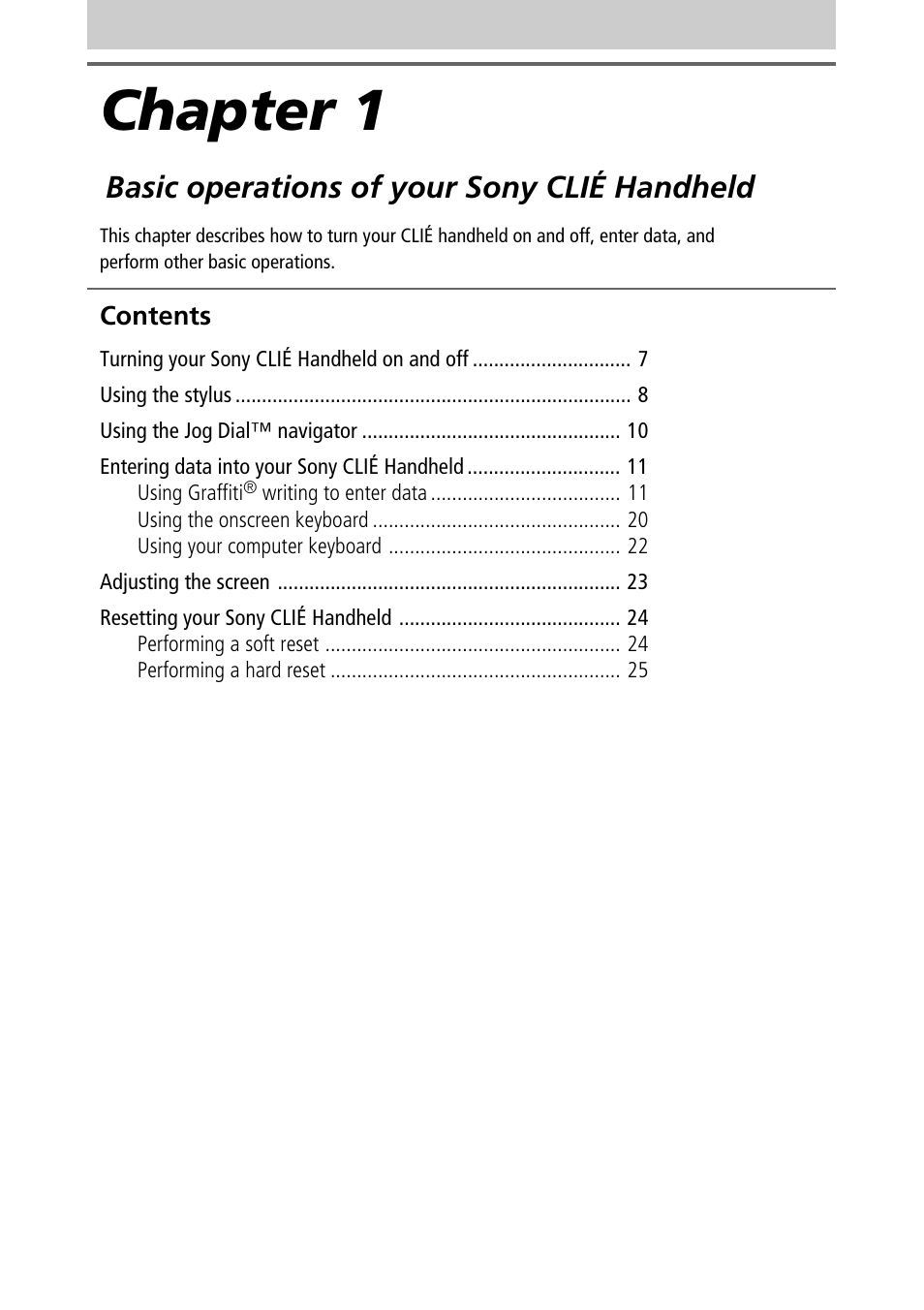 Chapter 1, Basic operations of your sony clié handheld | Sony PEG-T415G User Manual | Page 6 / 220