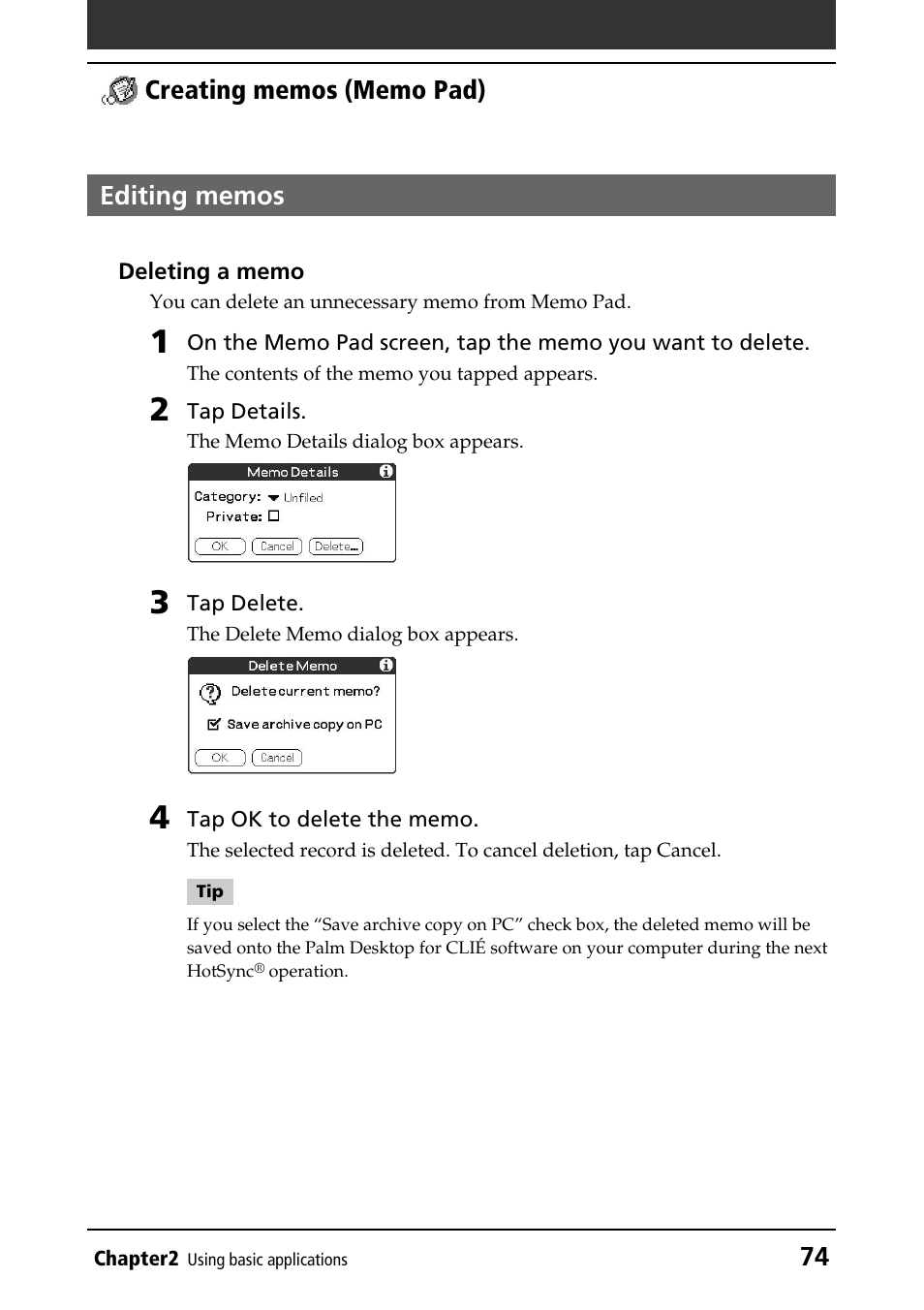 Editing memos | Sony PEG-T415G User Manual | Page 74 / 220