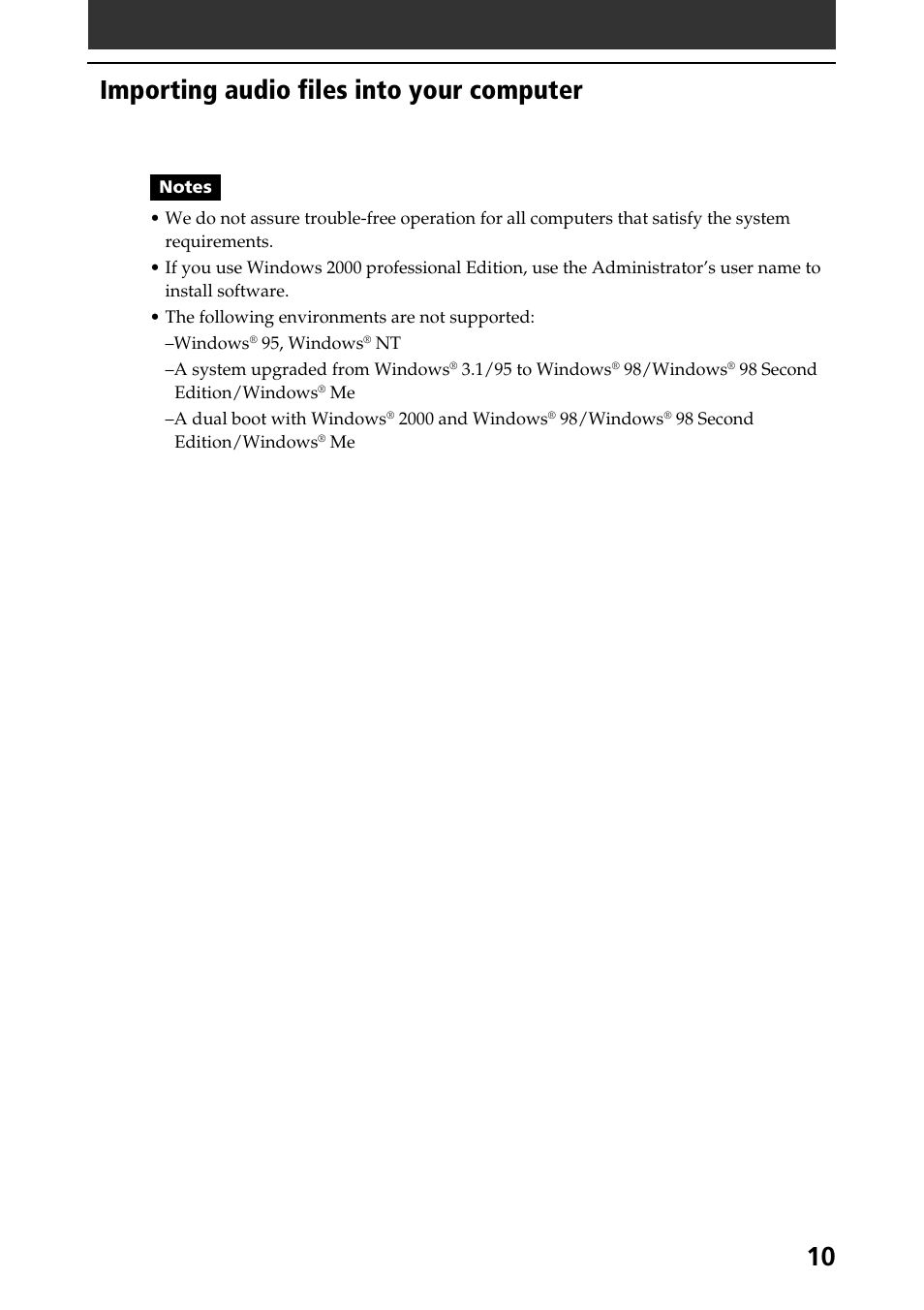 Importing audio files into your computer | Sony A-AY7-100-11(1) User Manual | Page 10 / 36