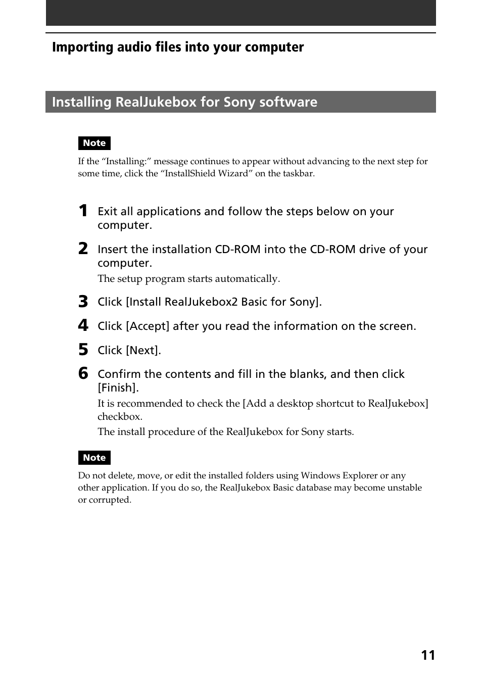 Installing realjukebox for sony software | Sony A-AY7-100-11(1) User Manual | Page 11 / 36