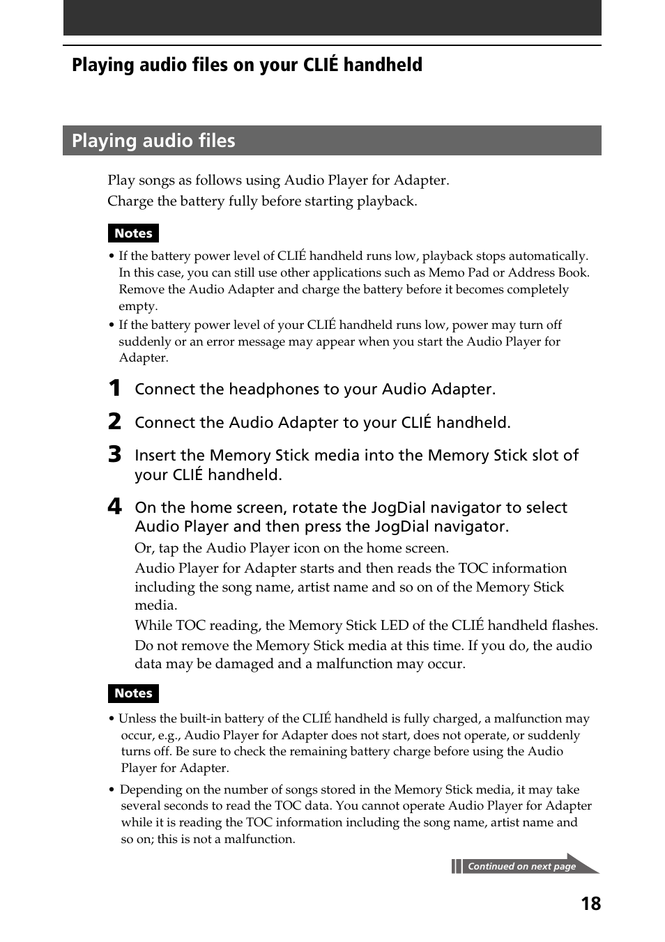 Playing audio files, 18 playing audio files, Playing audio files on your clié handheld | Sony A-AY7-100-11(1) User Manual | Page 18 / 36