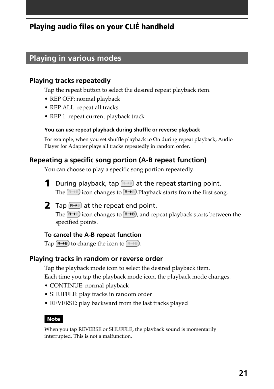 Playing in various modes, 21 playing in various modes, Playing audio files on your clié handheld | Sony A-AY7-100-11(1) User Manual | Page 21 / 36