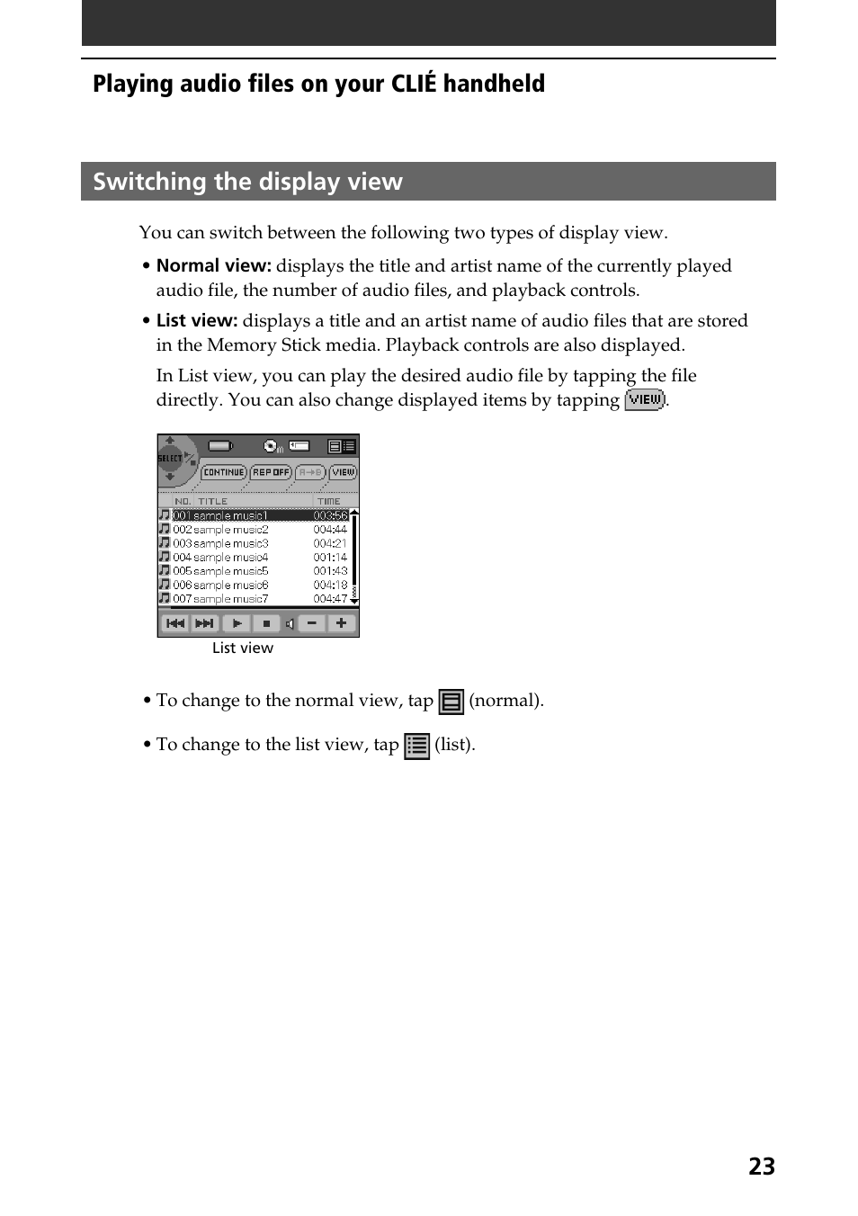 Switching the display view, 23 switching the display view, Playing audio files on your clié handheld | Sony A-AY7-100-11(1) User Manual | Page 23 / 36