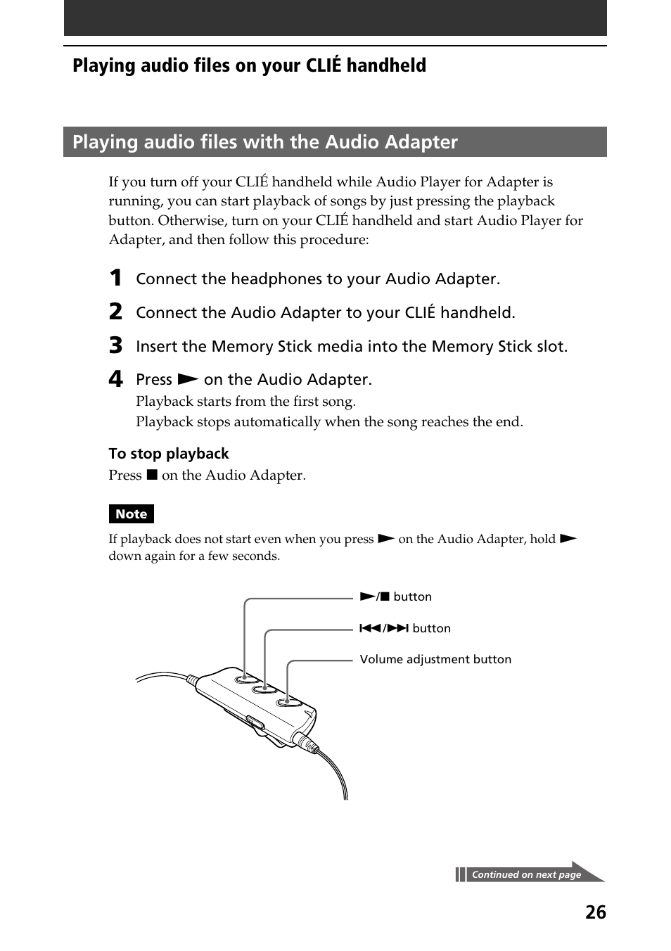 Playing audio files with the audio adapter, 26 playing audio files with the audio adapter, Playing audio files on your clié handheld | Sony A-AY7-100-11(1) User Manual | Page 26 / 36