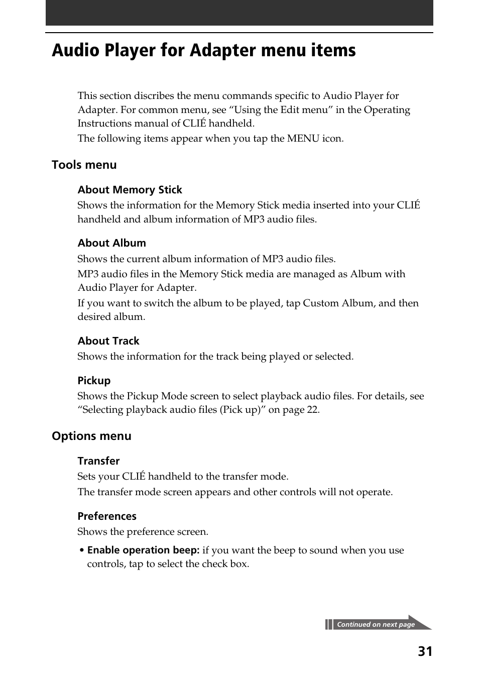 Audio player for adapter menu items | Sony A-AY7-100-11(1) User Manual | Page 31 / 36