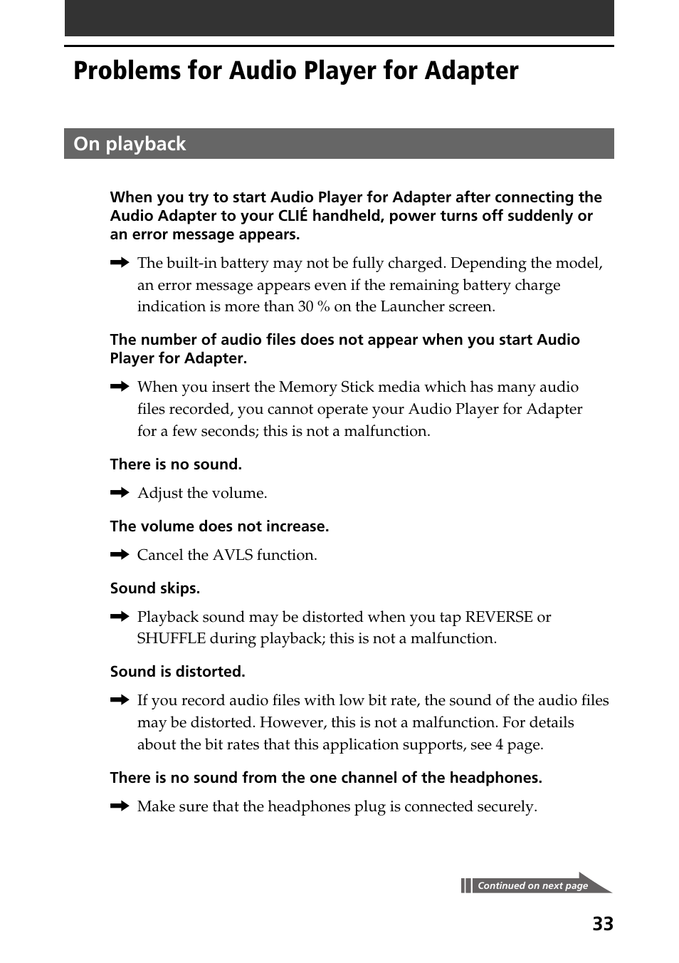 Problems for audio player for adapter, On playback | Sony A-AY7-100-11(1) User Manual | Page 33 / 36