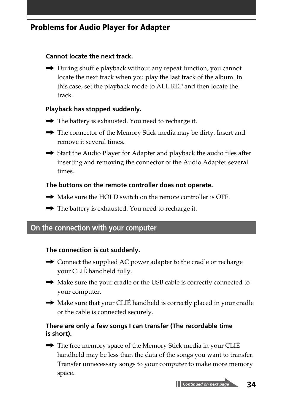 On the connection with your computer, Problems for audio player for adapter | Sony A-AY7-100-11(1) User Manual | Page 34 / 36