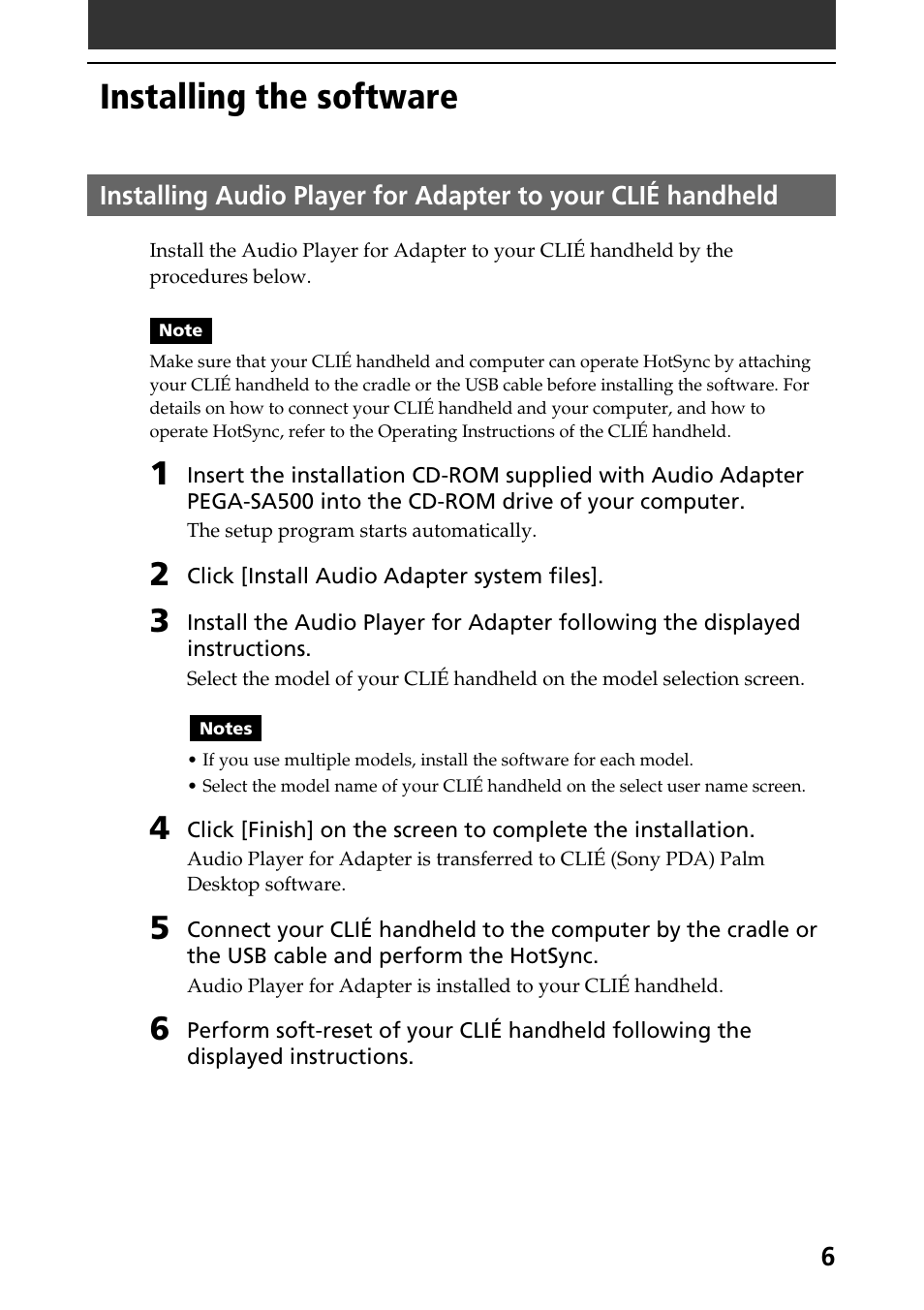 Installing the software | Sony A-AY7-100-11(1) User Manual | Page 6 / 36