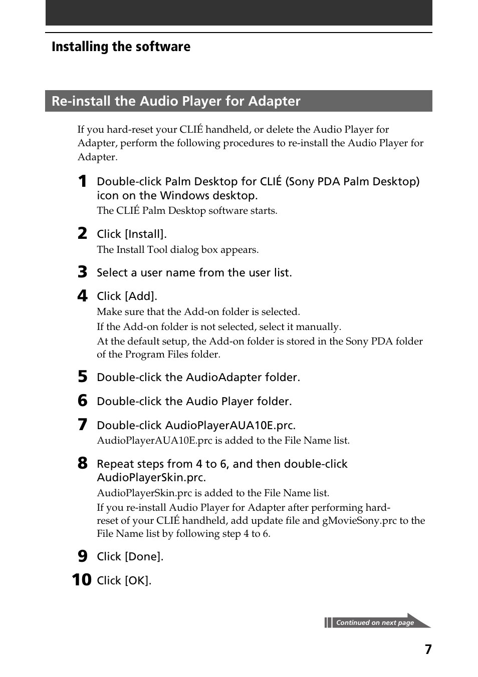 Re-install the audio player for adapter, Re-install the audio player for adapter . 7 | Sony A-AY7-100-11(1) User Manual | Page 7 / 36