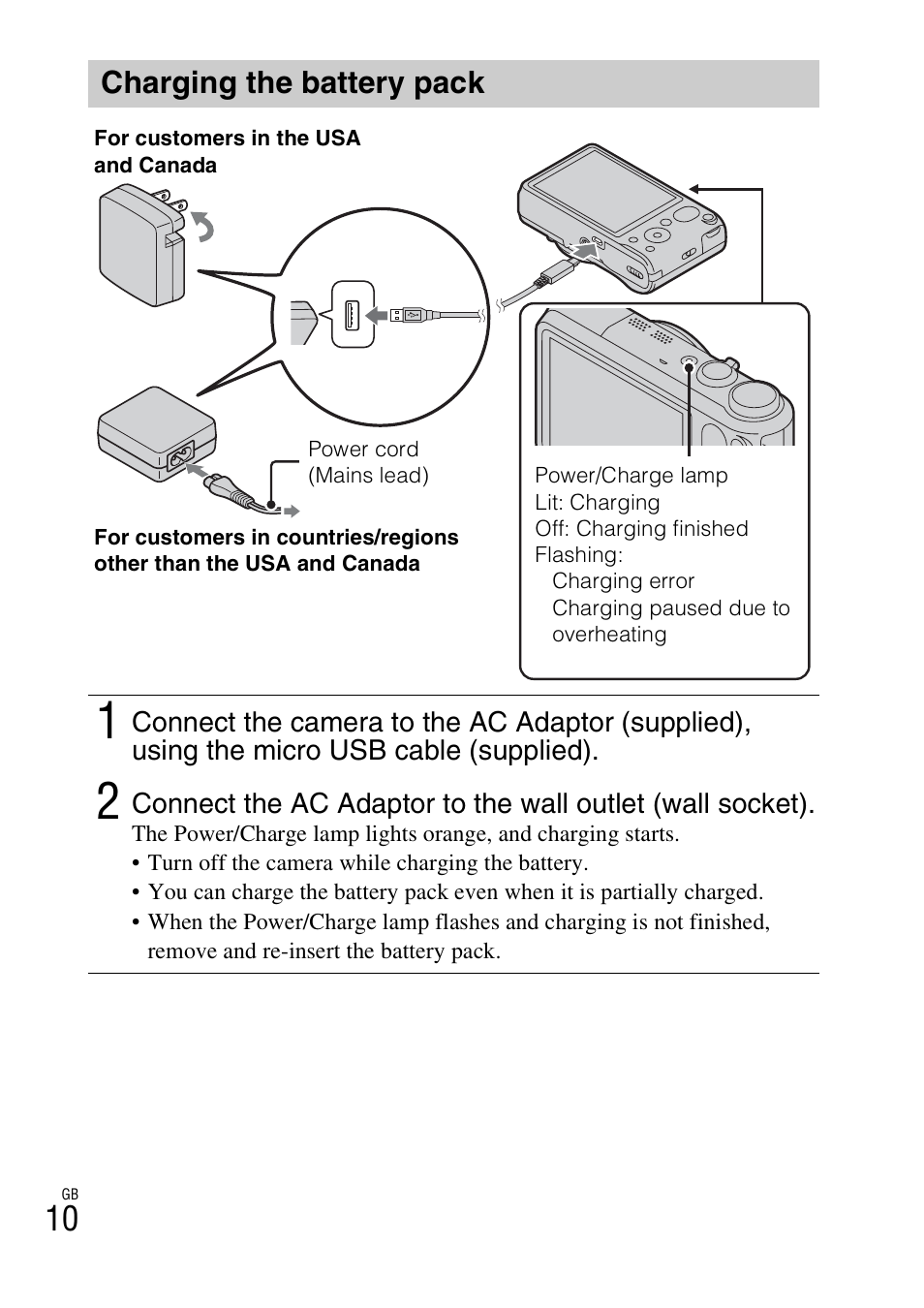 Charging the battery pack | Sony Cyber-shot Digital Still Camera HX10V User Manual | Page 10 / 64