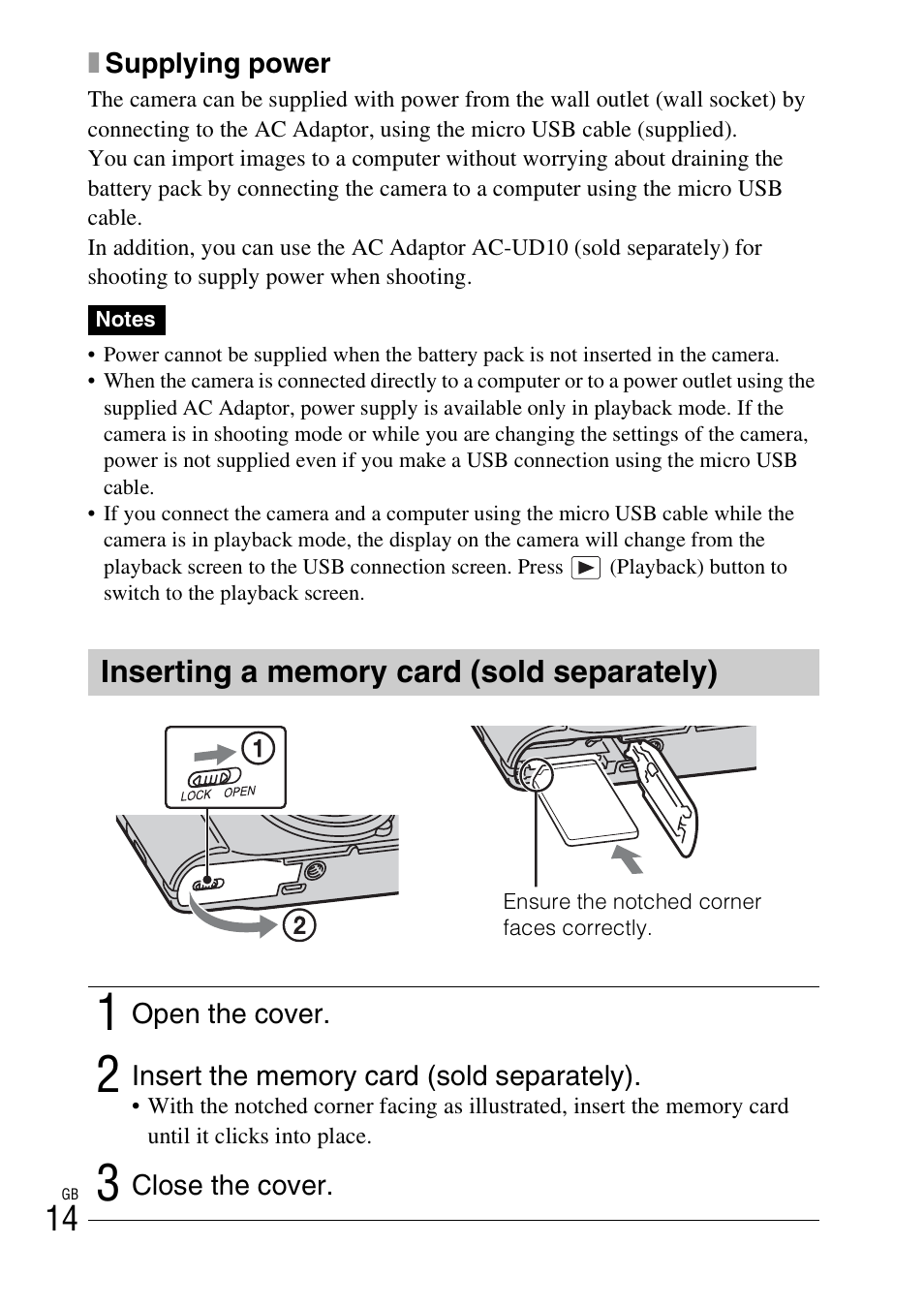 Inserting a memory card (sold separately) | Sony Cyber-shot Digital Still Camera HX10V User Manual | Page 14 / 64