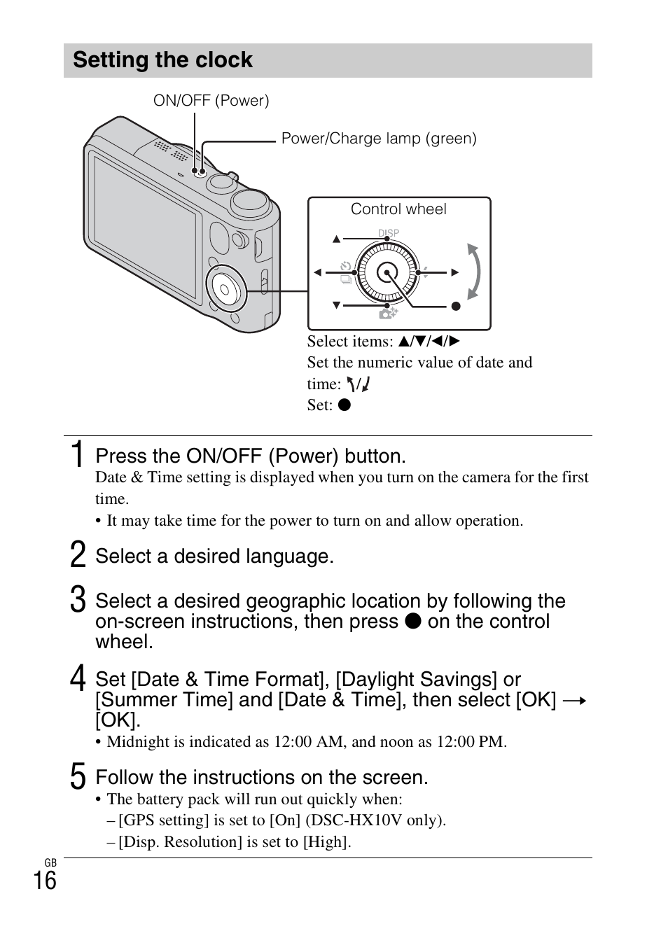 Setting the clock | Sony Cyber-shot Digital Still Camera HX10V User Manual | Page 16 / 64