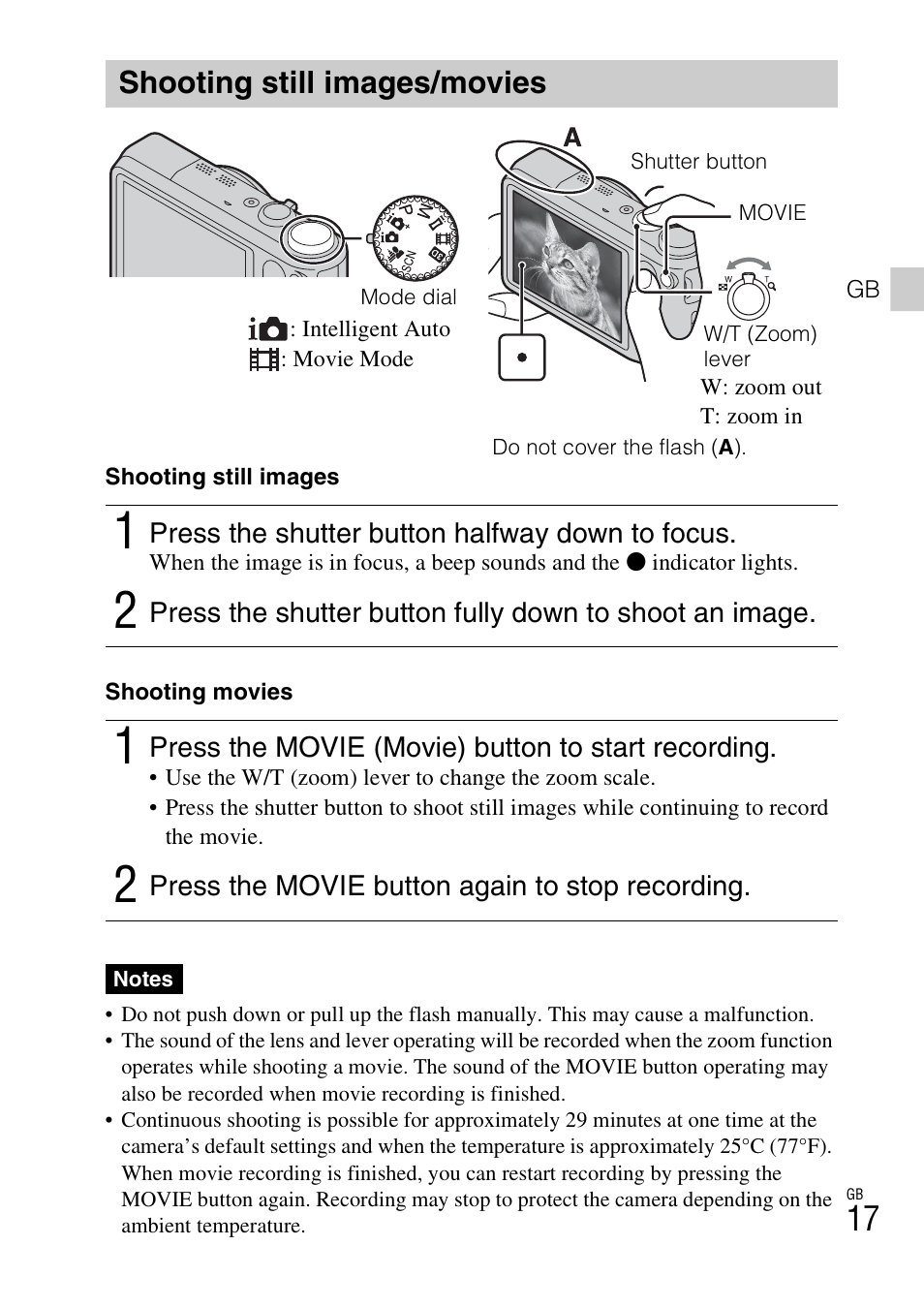 Shooting still images/movies | Sony Cyber-shot Digital Still Camera HX10V User Manual | Page 17 / 64