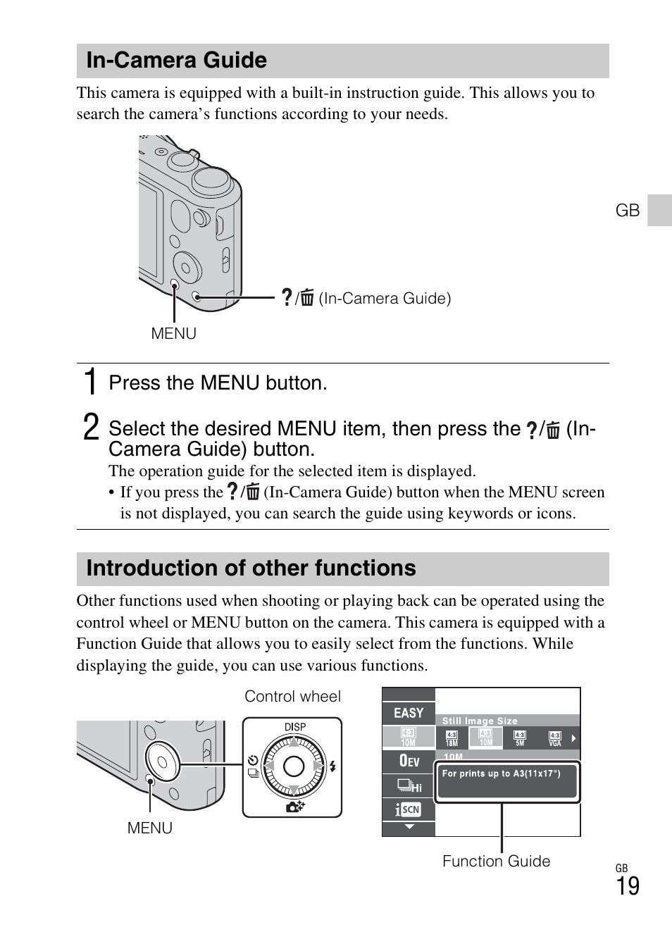 In-camera guide, Introduction of other functions | Sony Cyber-shot Digital Still Camera HX10V User Manual | Page 19 / 64