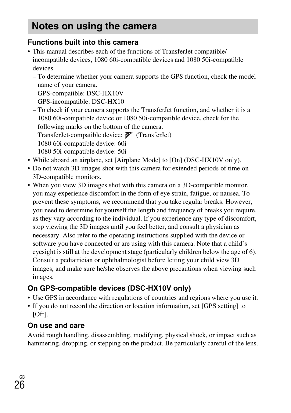 Notes on using the camera | Sony Cyber-shot Digital Still Camera HX10V User Manual | Page 26 / 64