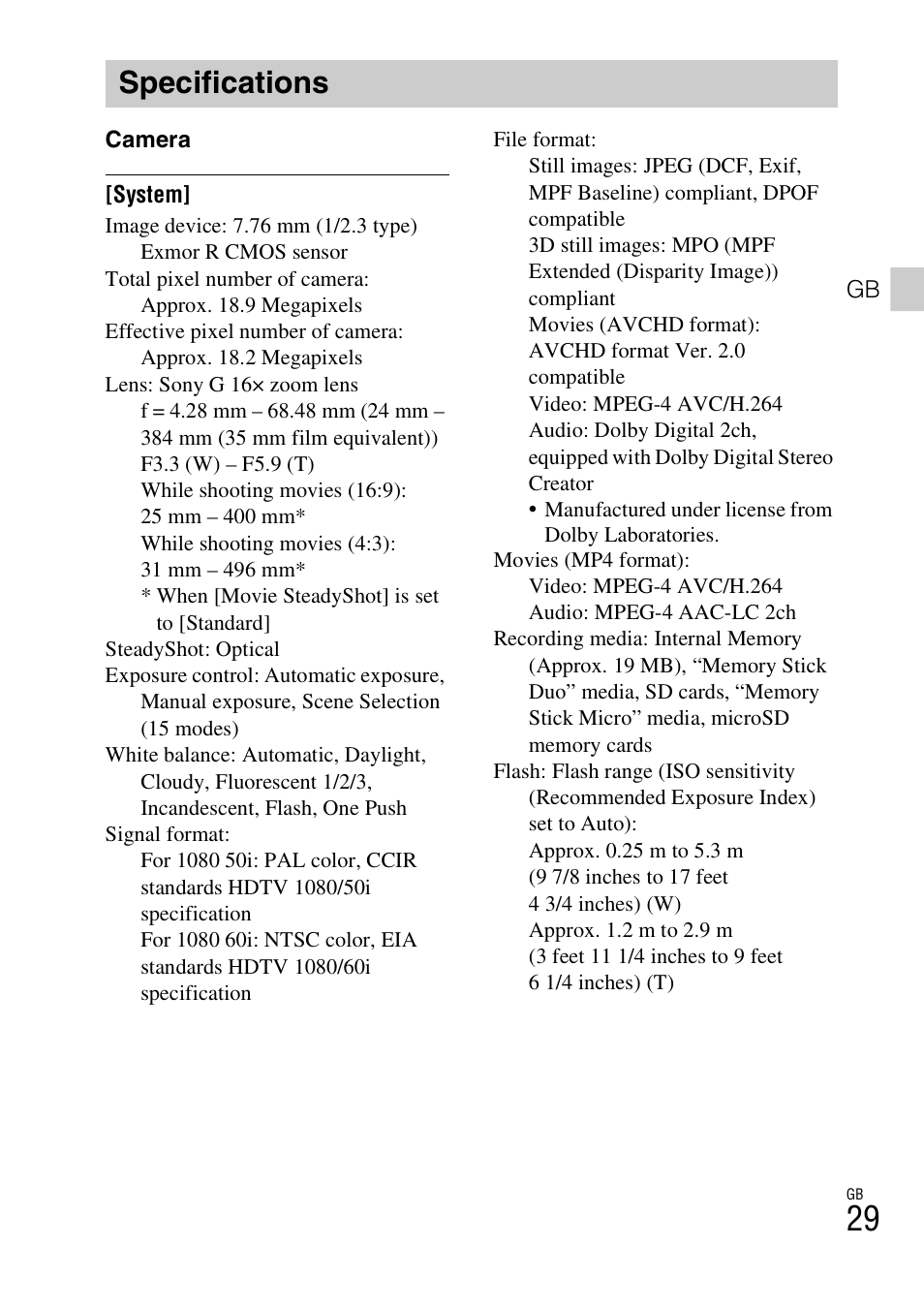 Specifications | Sony Cyber-shot Digital Still Camera HX10V User Manual | Page 29 / 64