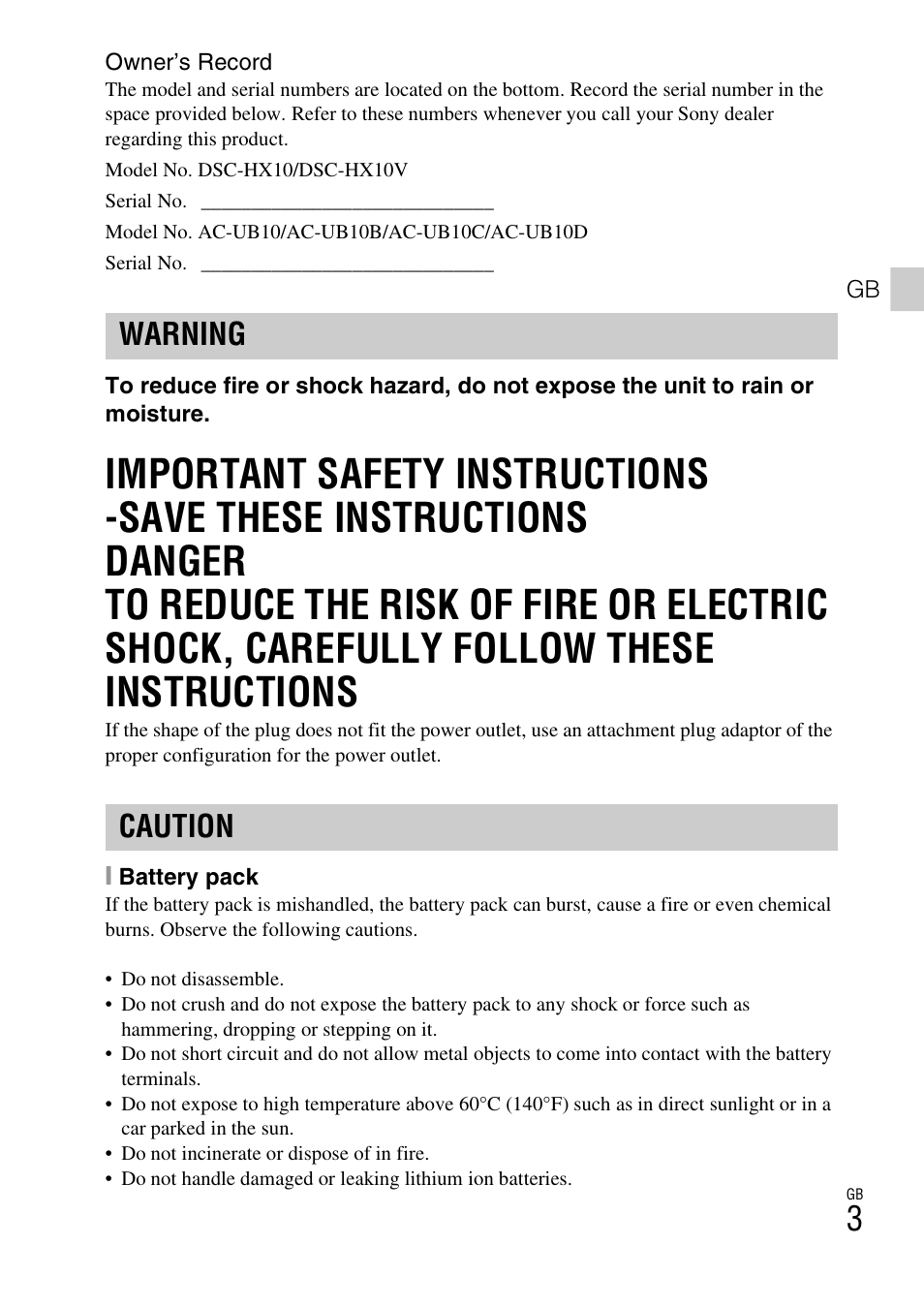 Warning caution | Sony Cyber-shot Digital Still Camera HX10V User Manual | Page 3 / 64