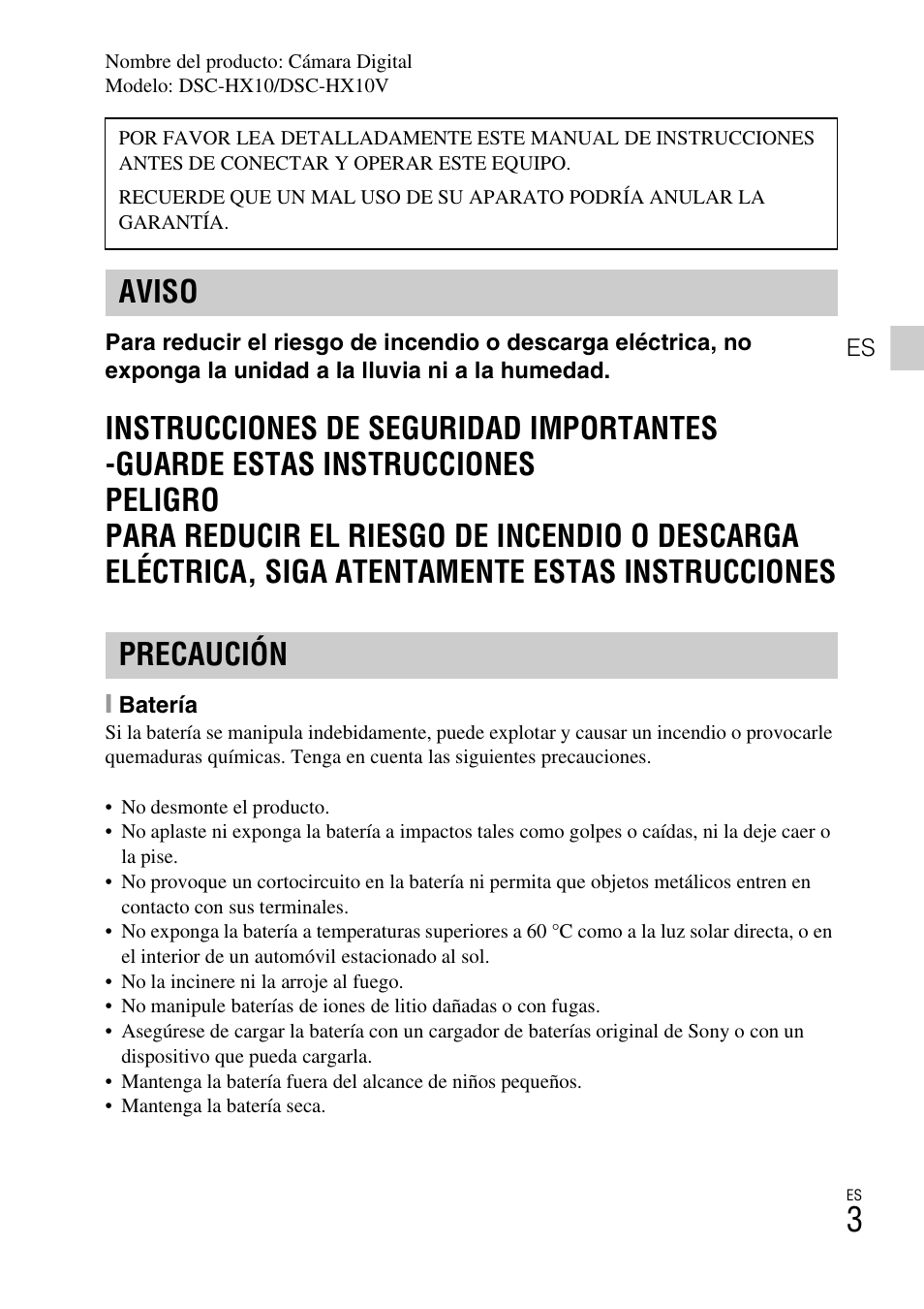 Aviso precaución | Sony Cyber-shot Digital Still Camera HX10V User Manual | Page 33 / 64