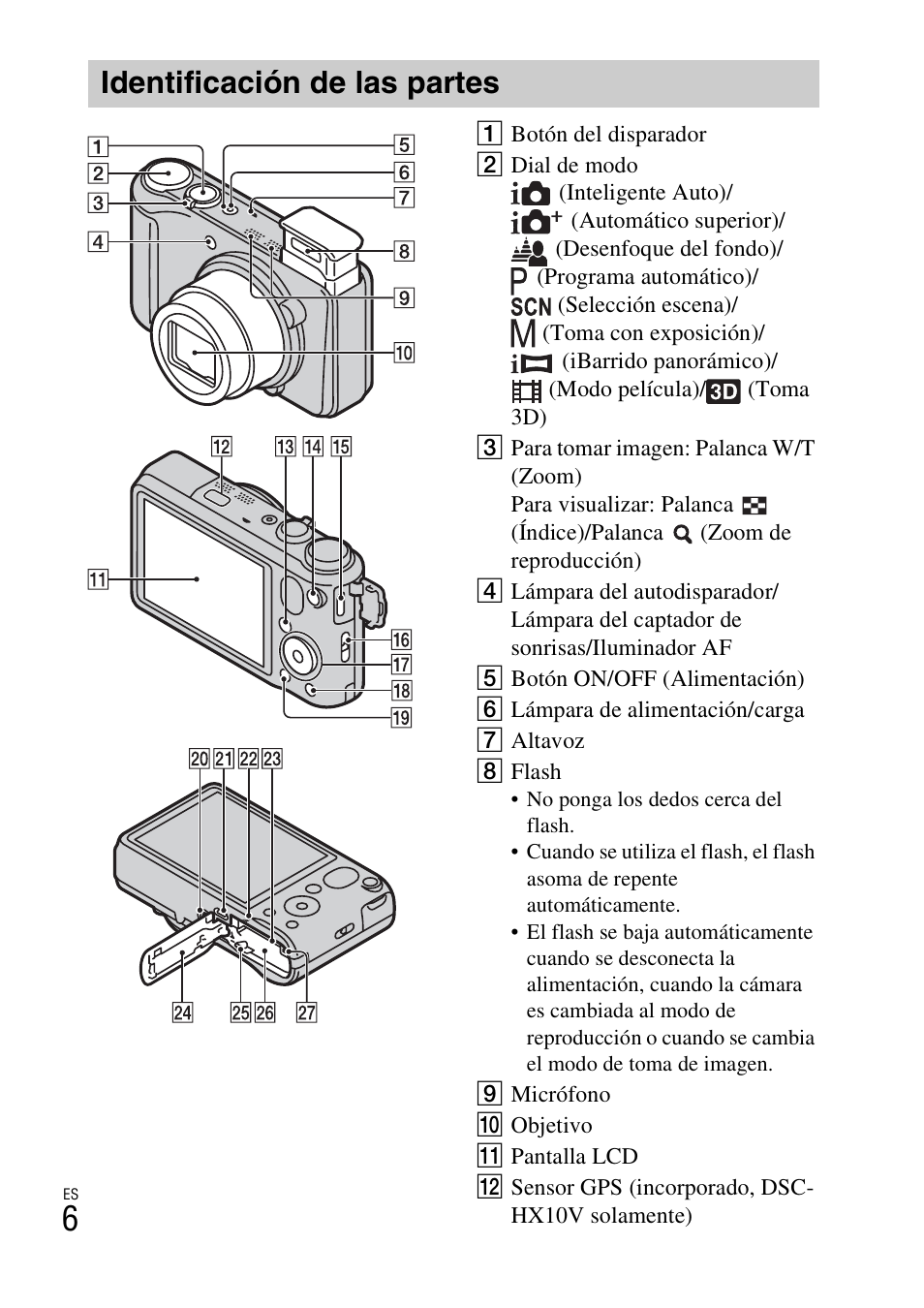 Identificación de las partes | Sony Cyber-shot Digital Still Camera HX10V User Manual | Page 36 / 64