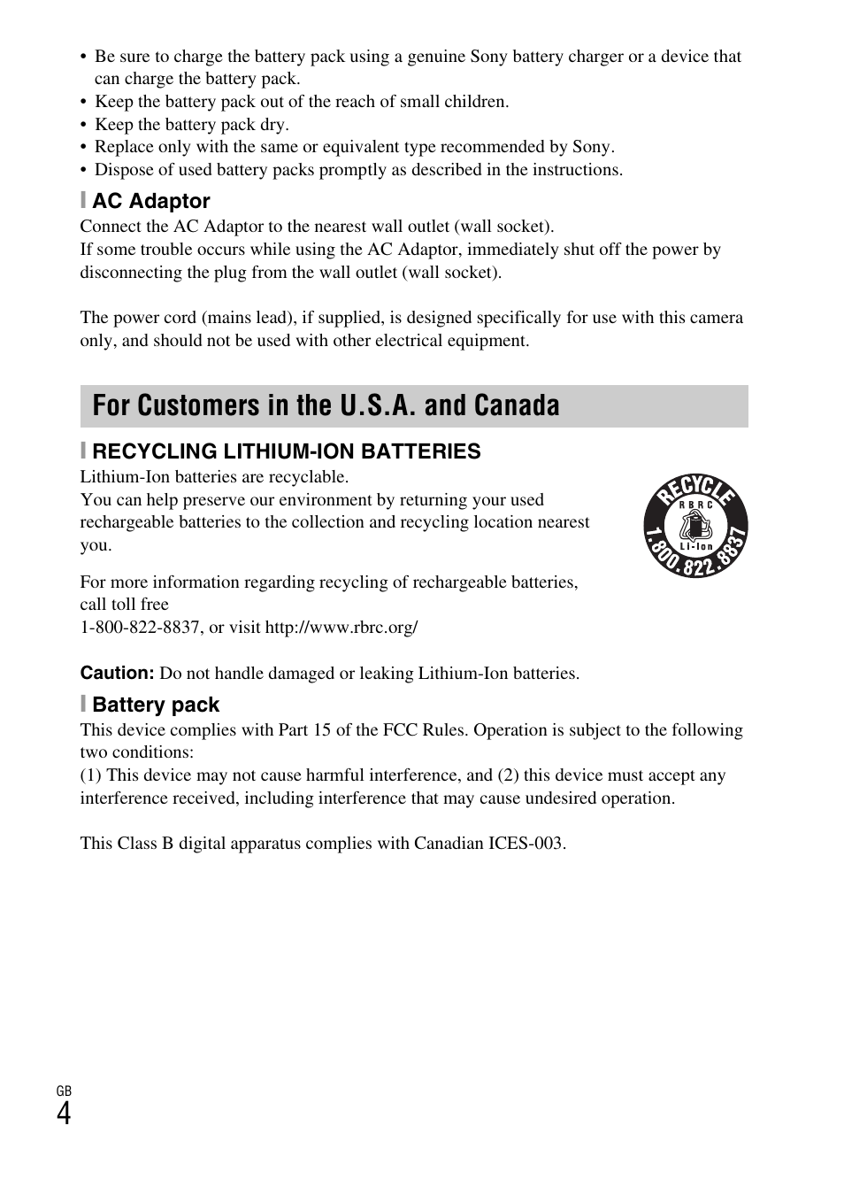 For customers in the u.s.a. and canada | Sony Cyber-shot Digital Still Camera HX10V User Manual | Page 4 / 64