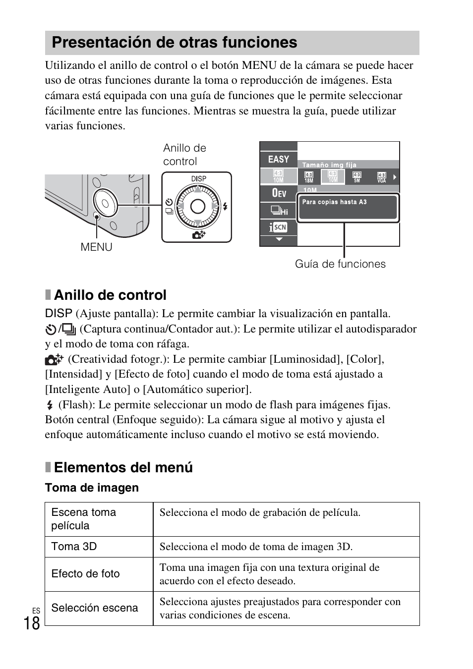 Presentación de otras funciones, Xanillo de control, Xelementos del menú | Sony Cyber-shot Digital Still Camera HX10V User Manual | Page 48 / 64