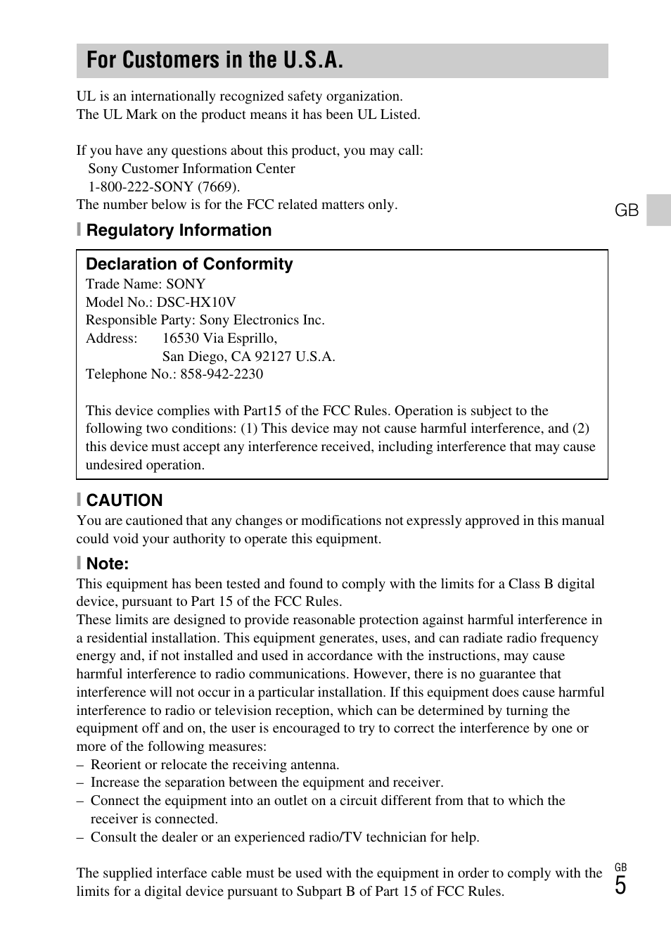 For customers in the u.s.a | Sony Cyber-shot Digital Still Camera HX10V User Manual | Page 5 / 64