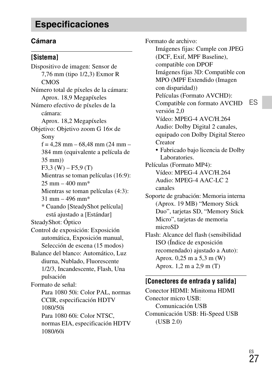 Especificaciones | Sony Cyber-shot Digital Still Camera HX10V User Manual | Page 57 / 64