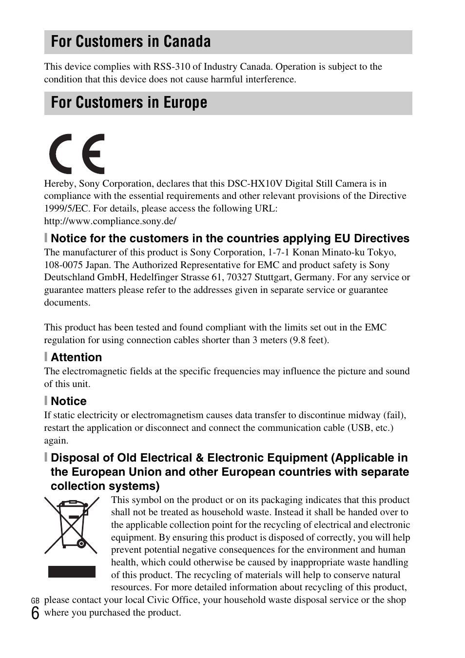 For customers in canada for customers in europe | Sony Cyber-shot Digital Still Camera HX10V User Manual | Page 6 / 64