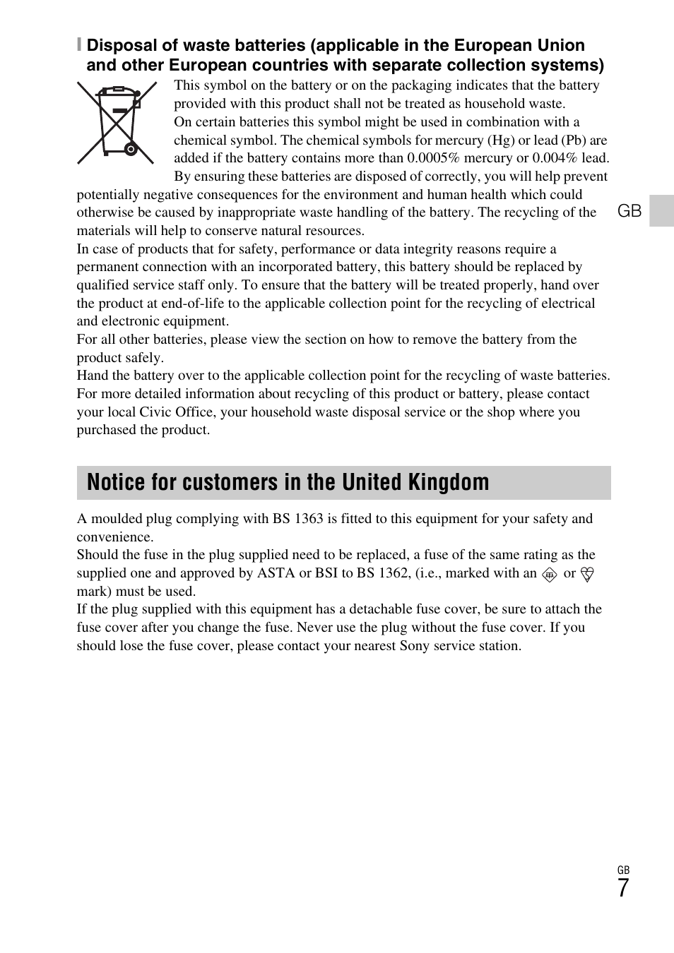 Notice for customers in the united kingdom | Sony Cyber-shot Digital Still Camera HX10V User Manual | Page 7 / 64