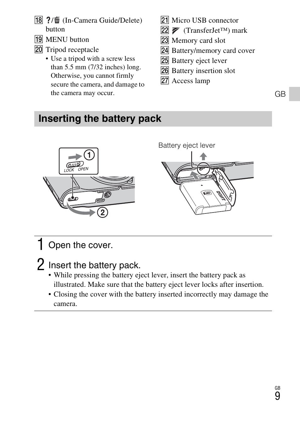 Inserting the battery pack | Sony Cyber-shot Digital Still Camera HX10V User Manual | Page 9 / 64