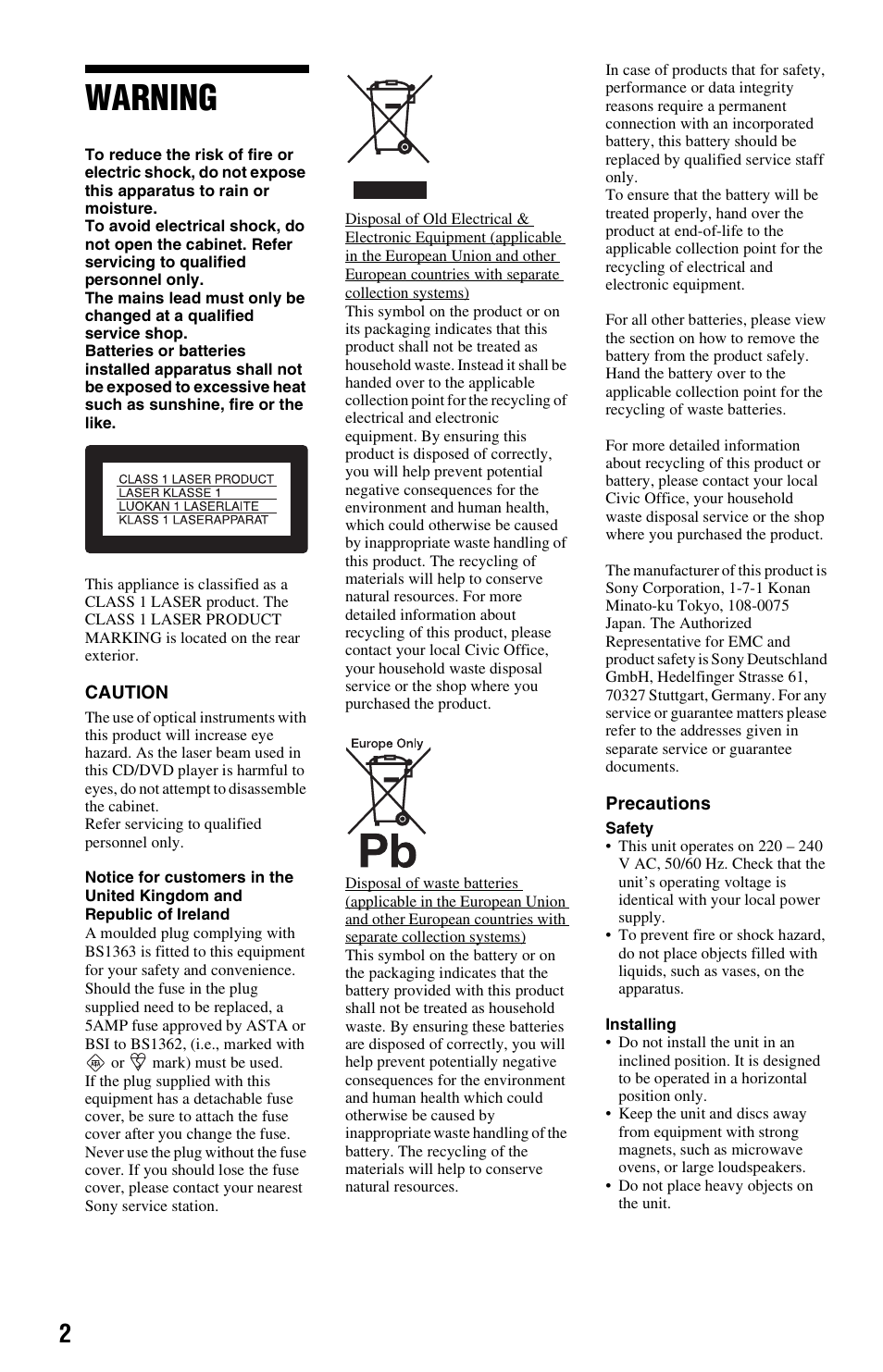 Warning | Sony 4-115-669-11(1) User Manual | Page 2 / 40