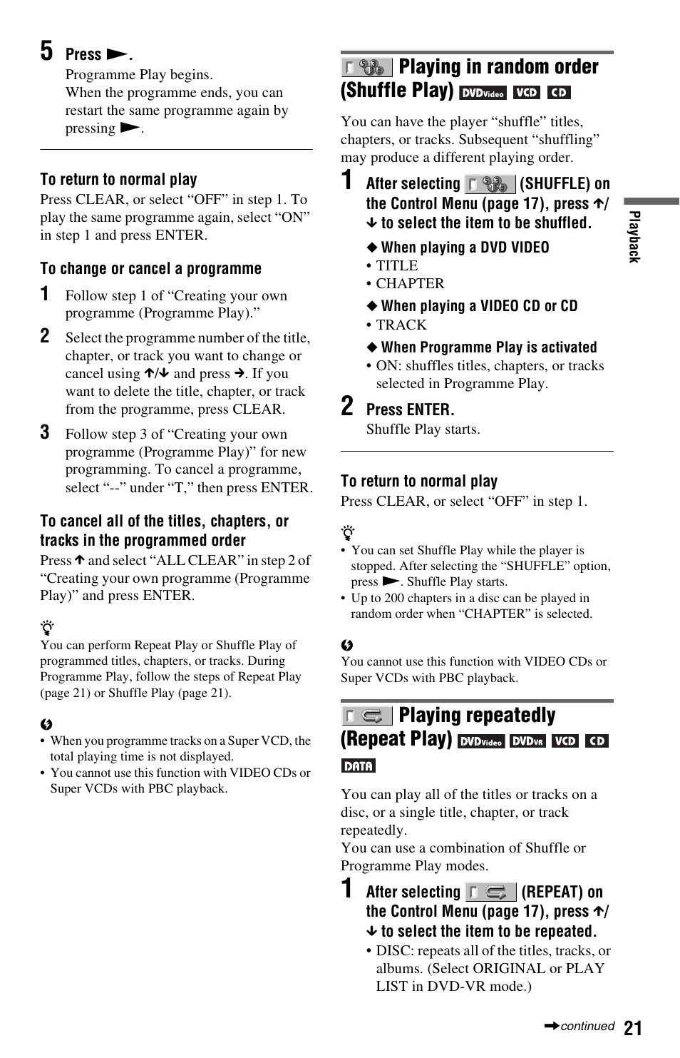 Playing in random order (shuffle play), Playing repeatedly (repeat play) | Sony 4-115-669-11(1) User Manual | Page 21 / 40